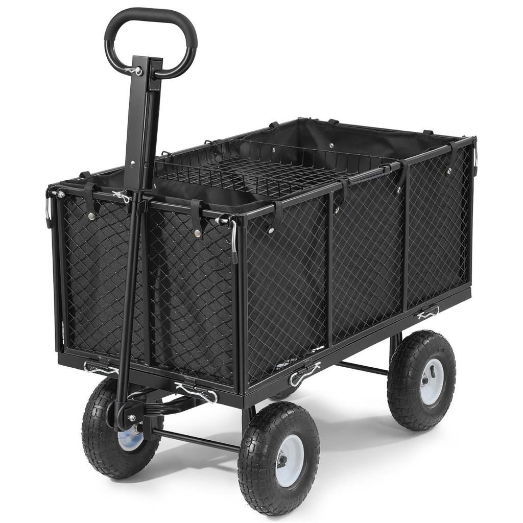 Garden Cart, 544.3 kg, Heavy Duty Steel Hand Trolley, Yard Utility Wagon Outdoor Transport Cart with 10-Inch Tires, Adjustable Handle, Detachable Side