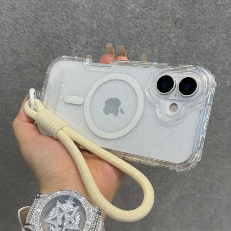 Блестящий Прозрачный Магнитный Чехол Для Magsafe Для iPhone 17 15 14 Plus 13 16 Pro Max Ремешок На Запястье Шнурок Ударопрочный Бронированный Чехол