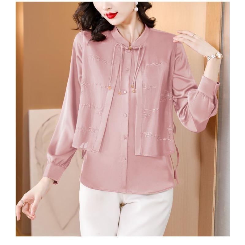 Новый китайский вышитый повседневный шифоновый топ женский с длинным рукавом осенний для мамы рубашка-обманка из двух частей
