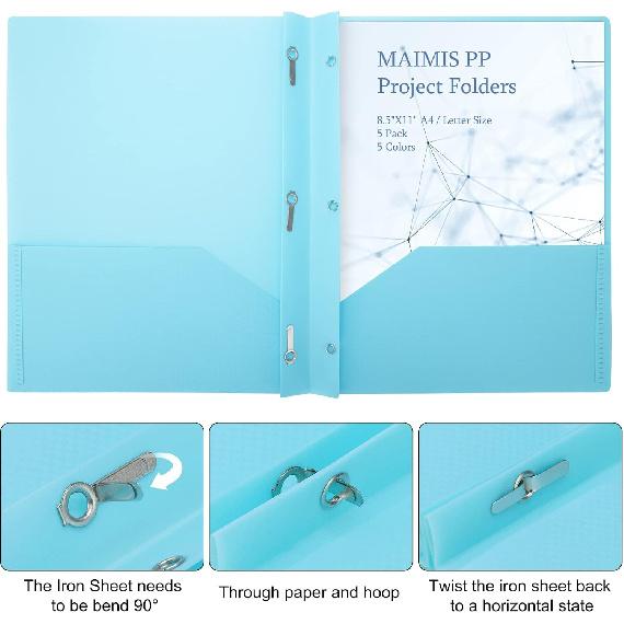 Plastic File Folders with Pockets - (5 Pack, Assorted Colors) Heavy Duty 3 Hole Two Pocket Folder with Pockets 3 Prong Folders A4 Letter Size Colored