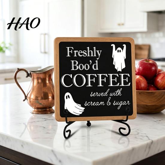Indoor Holiday Party Supplies Halloween Coffee Bar Wooden Sign with Iron Display Stand for Corner Vintage Style Spooky Signs Tabletop Decor,