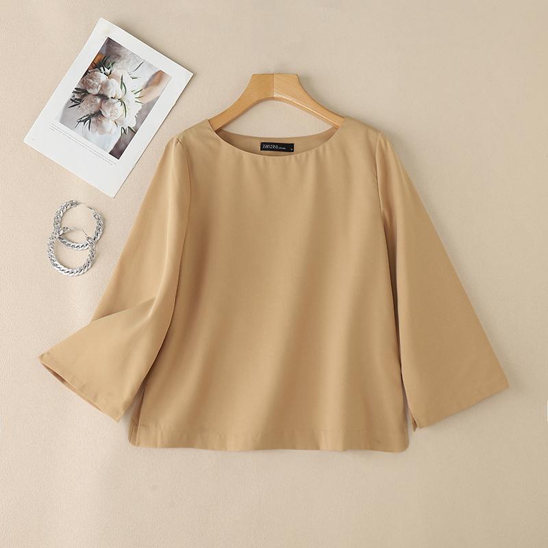 ZANZEA Женская повседневная однотонная свободная блузка с круглым вырезом и рукавом 3/4