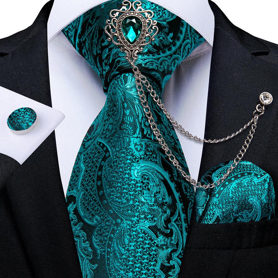 Dibangu Новинка, галстуки для мужчин, зеленый галстук с брошью, шелковый галстук, носовой платок, запонки, винтажные