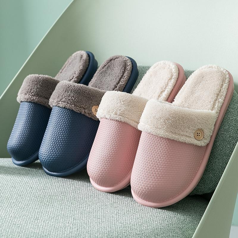 Female And Male Waterproof Cotton Slippers Female's Winter Warm Household Non-Slip Indoor Button Solid Color Plush Slipper
