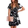 Women's Summer V-neck Casual Beach Dress Short Sleeve Floral Print Dress