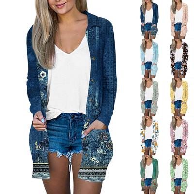 Женский повседневный модный кардиган-жакет средней длины с принтом и длинными рукавами