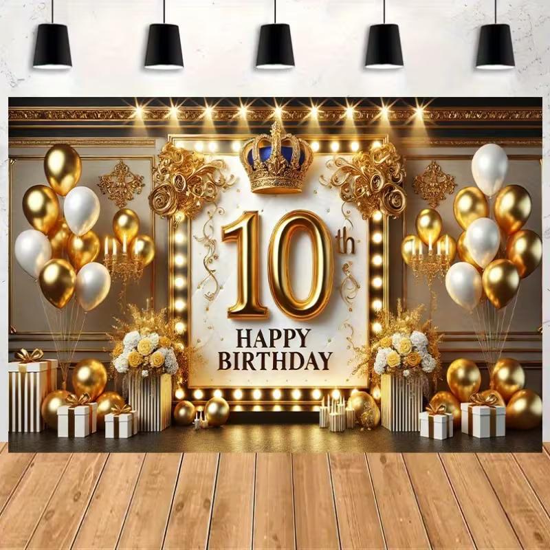 2D Black Gold 10th Birthday Backdrop with Crown Lights and Balloons Photo Booth Banner