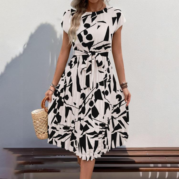 Autumn Winter Women Lace Up High Waist Long Sleeve Pleated Dress Temperament Print