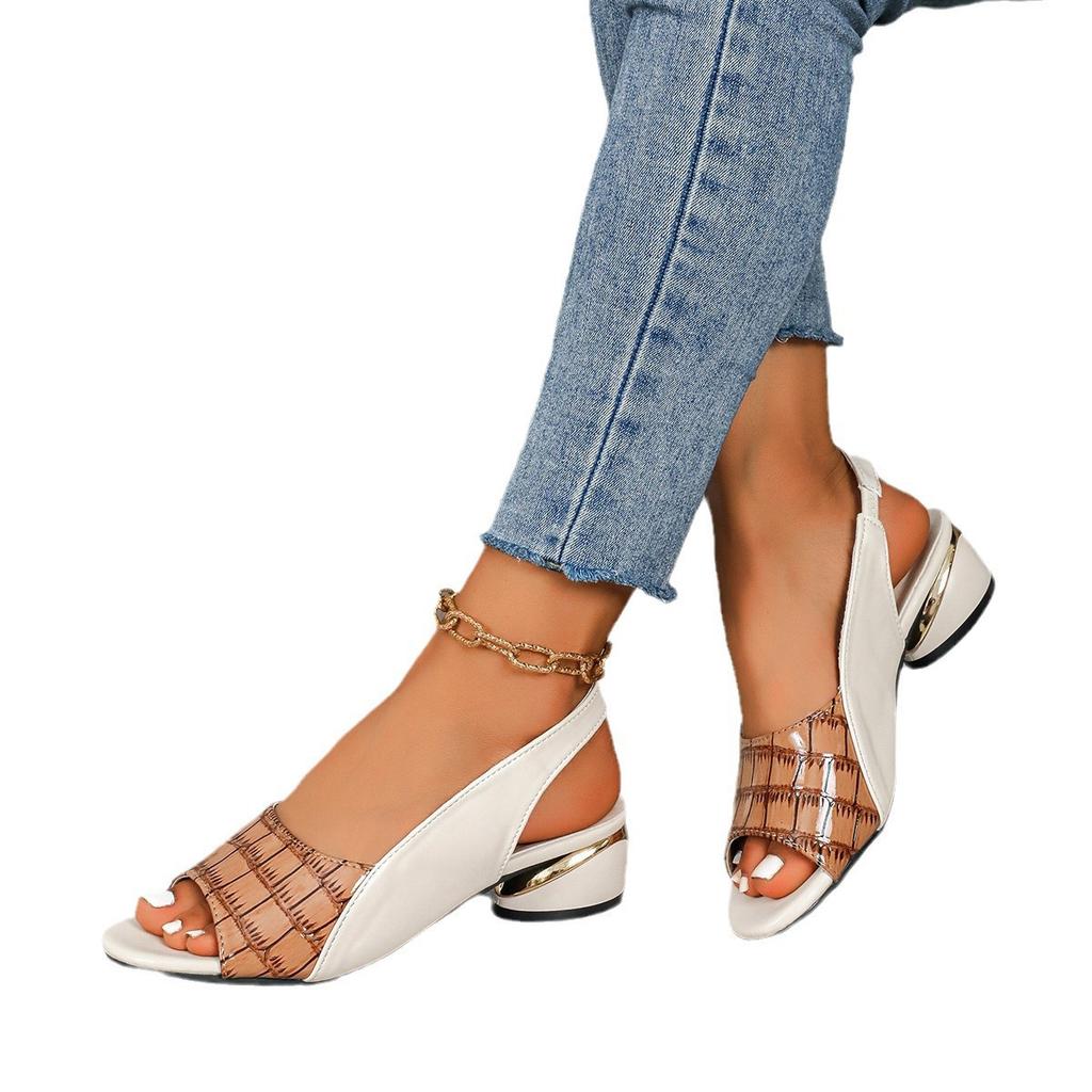 Fashion Women's Sandals 2025 Summer New Style Fish Mouth Splicing Mid Root One Word Buckle North American Style Sandals