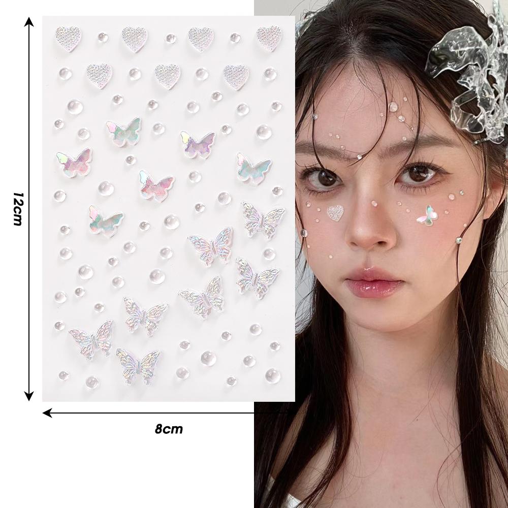 1-6pcs 3D Acrylic Diamond Stickers Butterfly Crystal Patch Face Paste Stage Makeup Rhinestones Jewelry Mermaid Pearl Tattoo