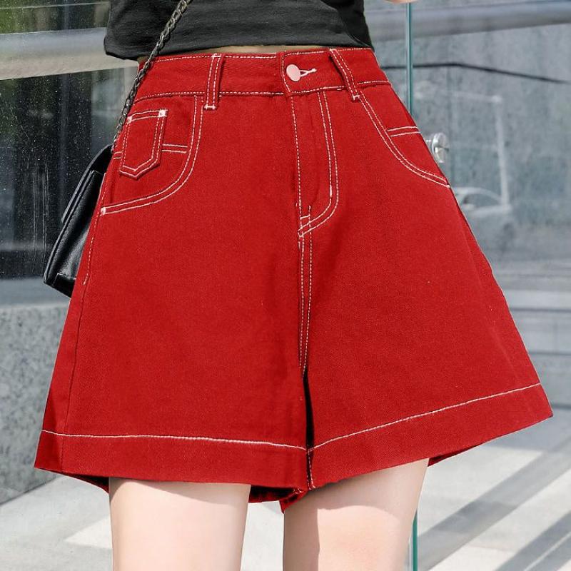 Летние широкие брюки трапециевидной формы с пятью точками, корейские женские джинсовые шорты, модные тренды с высокой талией, свободные повседневные простые красные