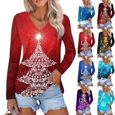 Женская повседневная мода сексуальный комфорт рождественский принт V-образный вырез пуговицы длинный рукав