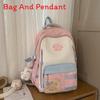 Color Blocked Cute Large Capacity Student Backpack With Pendant For Teens
