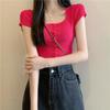 Летняя новинка, сладкий и пряный квадратный воротник, однобортный, короткий, с коротким рукавом, трикотаж с футболкой, топ для женщин
