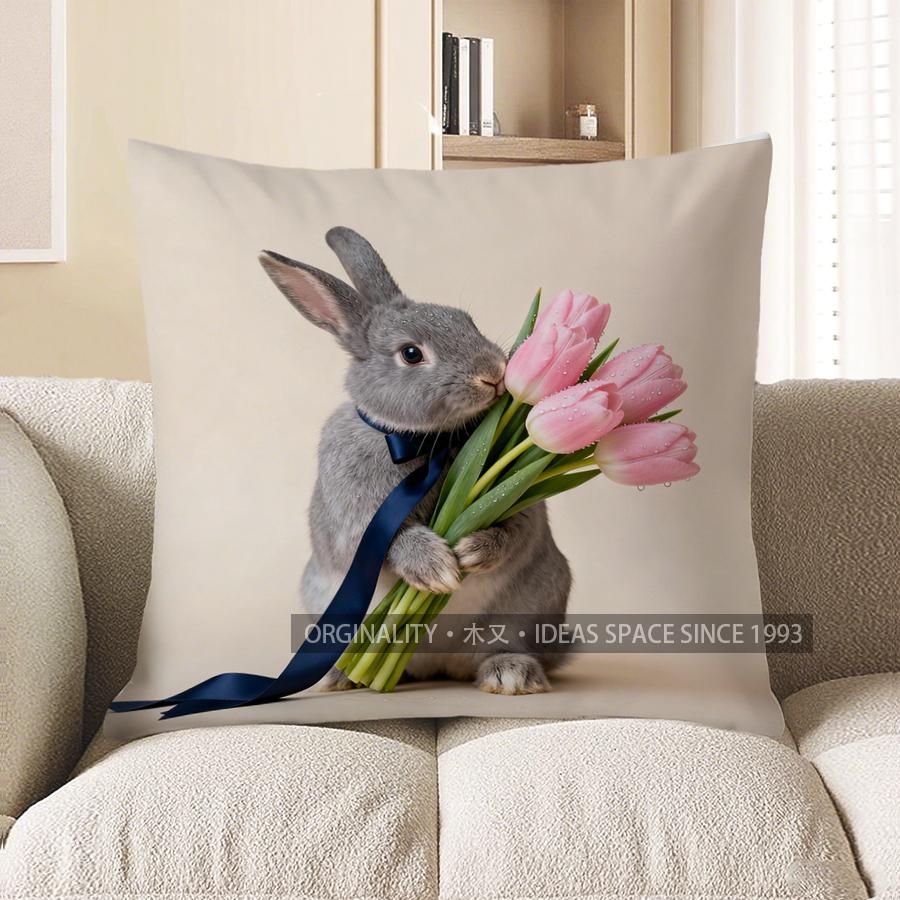 2D Серый кролик с розовыми тюльпанами Наволочка Чехол для подушки Подходит для дивана Спальни Автомобиля