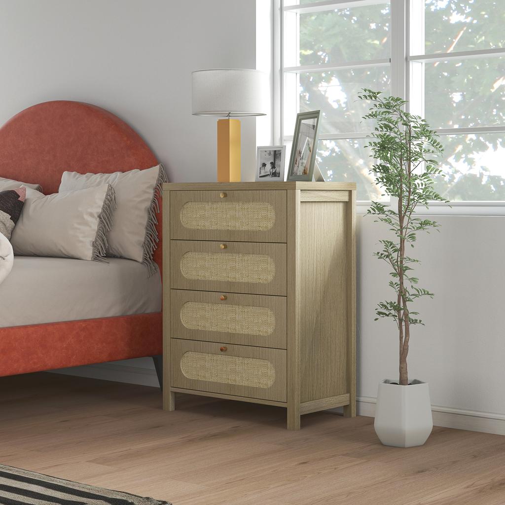 Chest of 4 drawers, bohemian style storage furniture with woven resin doors, 70 x 38 x 93 cm, natural wood effect