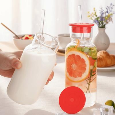 Silicone Lid Glass Water Bottle with Straw Heat Resistant Glass Tumbler Household Juice Bottle Bar