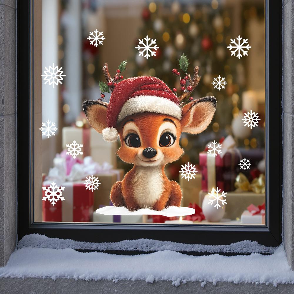Мультяшный Милый Олень и Снежинка Украшение и Декор Стеклянного Окна Статические Наклейки