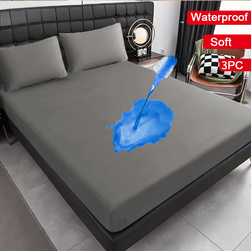 Комплект водонепроницаемых простыней из 3 предметов, однотонный, влагостойкий, пылезащитный, нескользящий протектор для матраса, мягкий и удобный постельный комплект, простыня с глубоким карманом