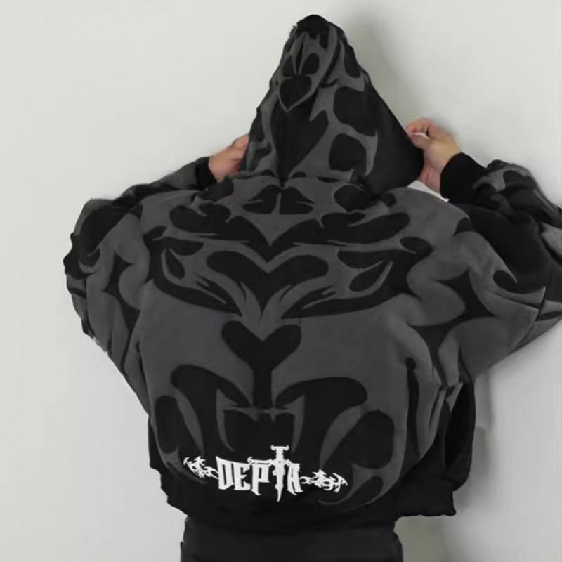 Y2K Gothic Print Zip-Up Hoodie Men Women Streetwear Winter Warm Casual Sweatshirt