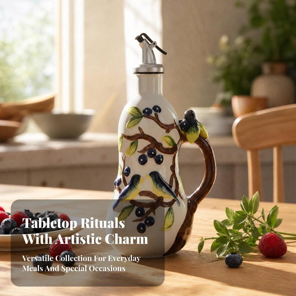 Ceramic Oil Bottle with Pouring Spout Sturdy Soy Sauce Dispenser Hinged Cap