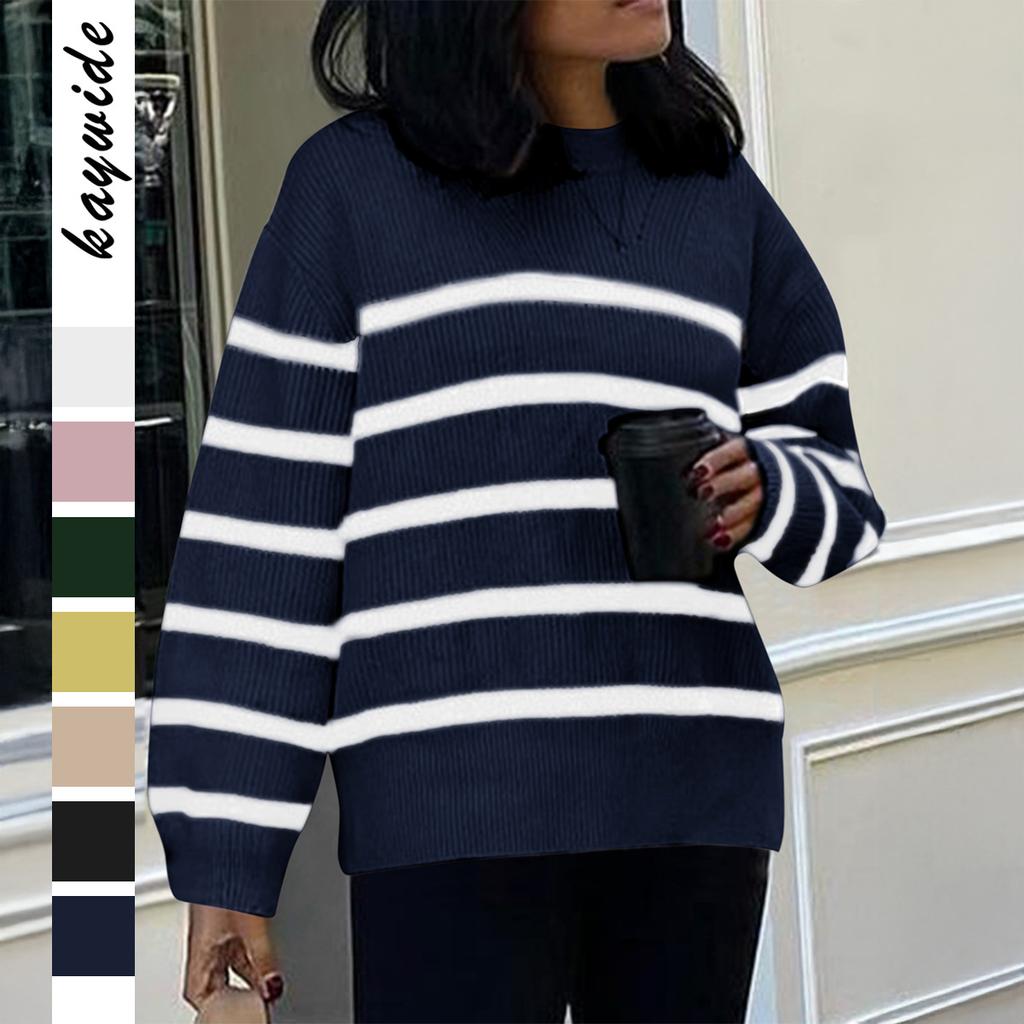 Повседневный полосатый шерстяной свитер с длинным рукавом для женщин 2025 Осень и Зима