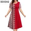 Элегантное А-силуэтное платье 3XL, женское, с коротким рукавом, круглым вырезом, повседневное, с винтажным этническим стилем, оверсайз, с принтом в виде букв