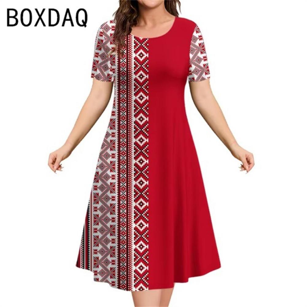 Элегантное А-силуэтное платье 3XL, женское, с коротким рукавом, круглым вырезом, повседневное, с винтажным этническим стилем, оверсайз, с принтом в виде букв