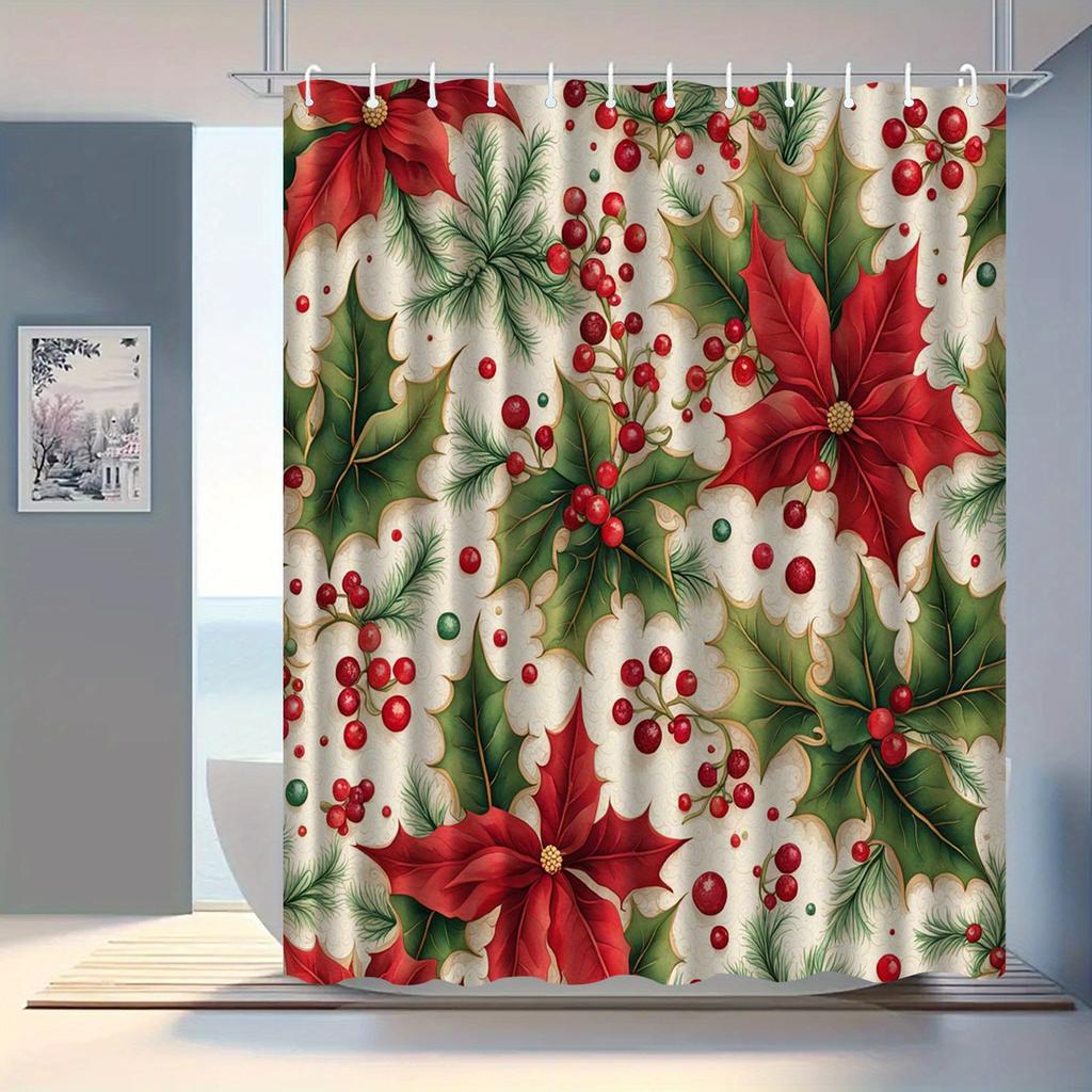GAERed Poinsettia & Green Leaf Holiday Shower Curtain with Hooks - Machine Washable Polyester Bathroom Decor, Christmas Winter