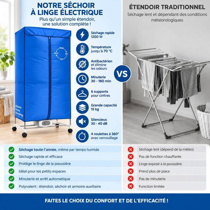 Séchoir à Linge Chauffant Électrique 1200 W, Étendoir à Vêtements 2 Niveaux, 6 Barres, 6 Supports Cintres, Housse Oxford, Minuterie