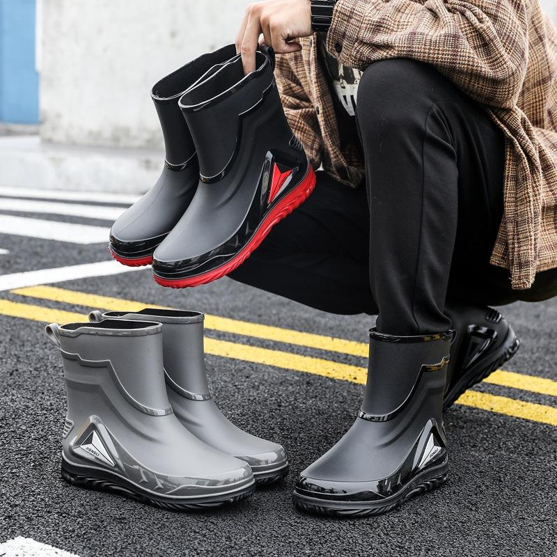 Fashion Rain Shoes Men's Short Anti Slip Mid Tube Rain Boots Short Water Shoes with Velvet Work Shoes