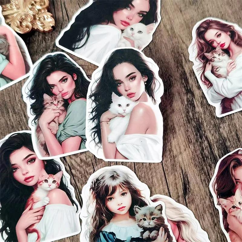 A Girl Holding A Cat Handbook Cute Girl Stickers Decorative Small Pattern Ins Mobile Phone Diy Photo Album Material Stationery