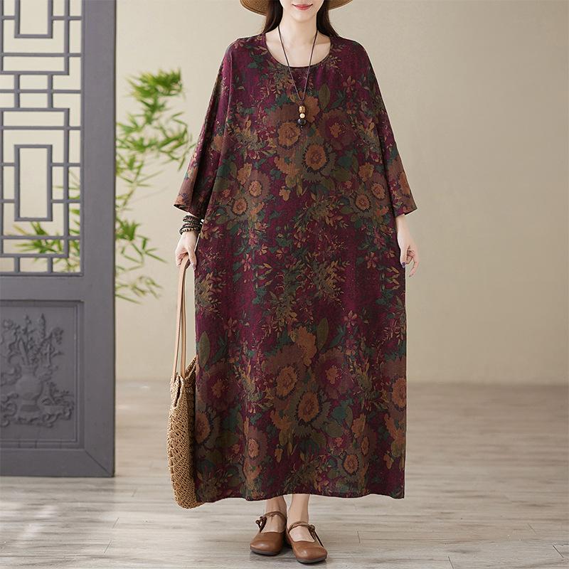 Весеннее цветное платье в стиле «отпуск», для путешествий в стиле ретро, свободное, повседневное, большого размера, с длинными рукавами, из хлопка и льна