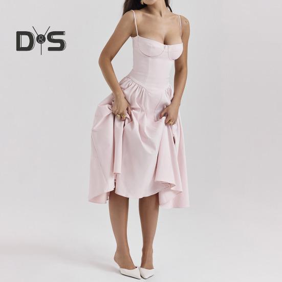 Женское платье с глубоким вырезом на тонких бретельках и открытой спиной без рукавов А-силуэта, большие качели, чистый цвет, тонкая талия, плиссированное платье миди для коктейльной вечеринки, выпускного вечера