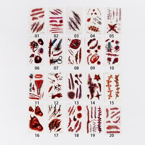 20Pcs Tattoo Stickers Realistic Fake Blood Scars Cuts Injuries Halloween Zombie Makeup Tattoo Sticker Waterproof Temporary Scar Wound Prank Props