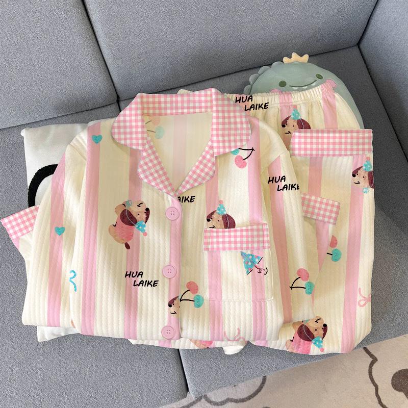 Korean version autumn and winter sweet striped cartoon ins wind air cotton sandwich warm pajamas set loungewear