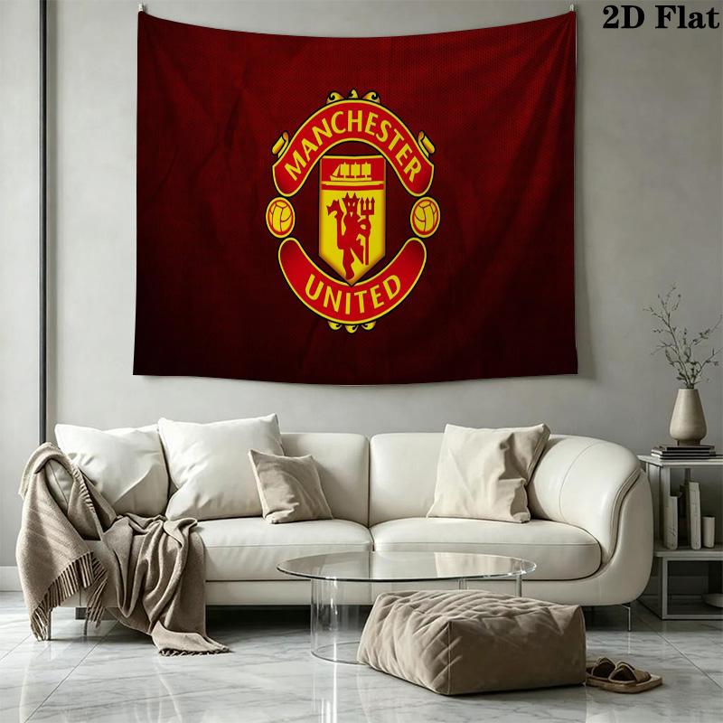 Manchester United Football Club Crest Wall Tapestry Red Blue Split Honeycomb Background Hanging Cloth Fan Home Decor