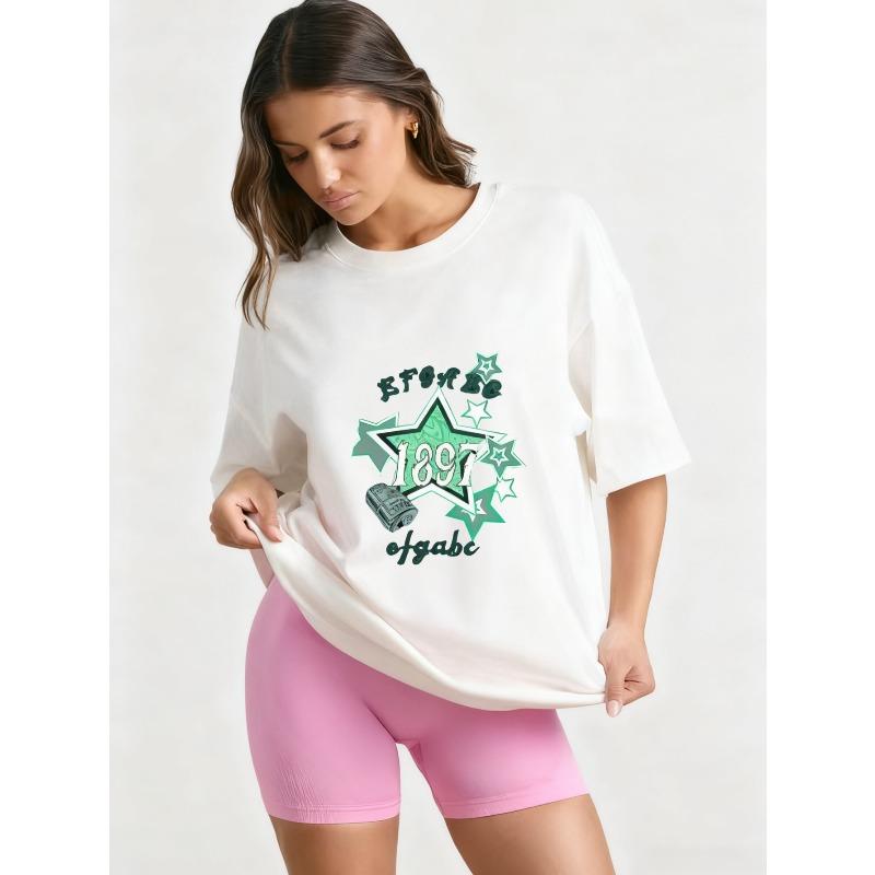 Oversized T Shirt Black Star Print 1897 Text Design Casual Streetwear Fashion Top for Women and Girls