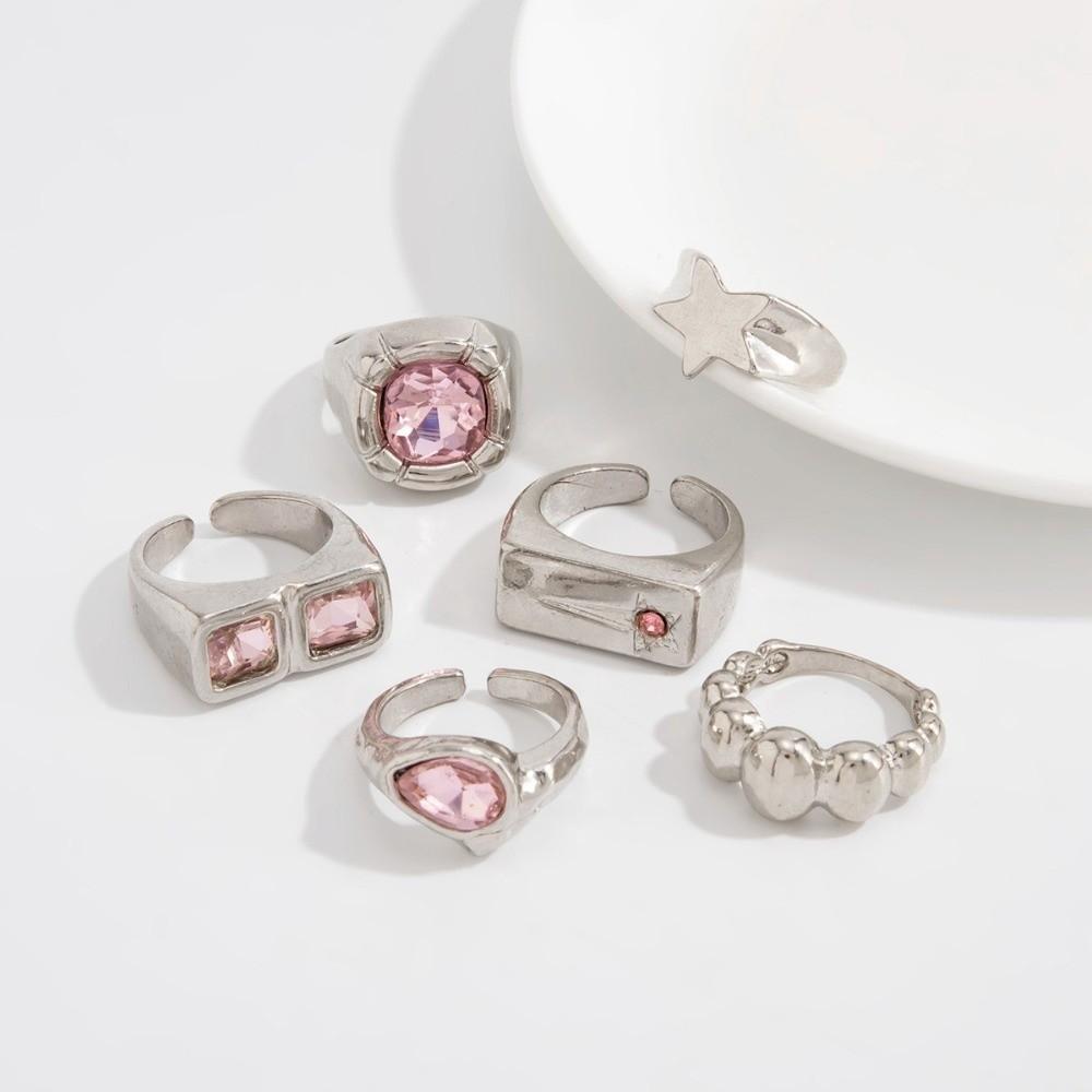 6Pcs/set Silver Tone Metal Stackable Rings Gem Inlay Geometric Design Rings Party Outfit