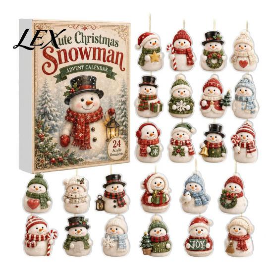 Christmas Party Favors Snowman Countdown Calendar, 24-Day Acrylic Ornament Set with Winter Tree Ornaments Figures, Hanging Decor, Holiday Gift