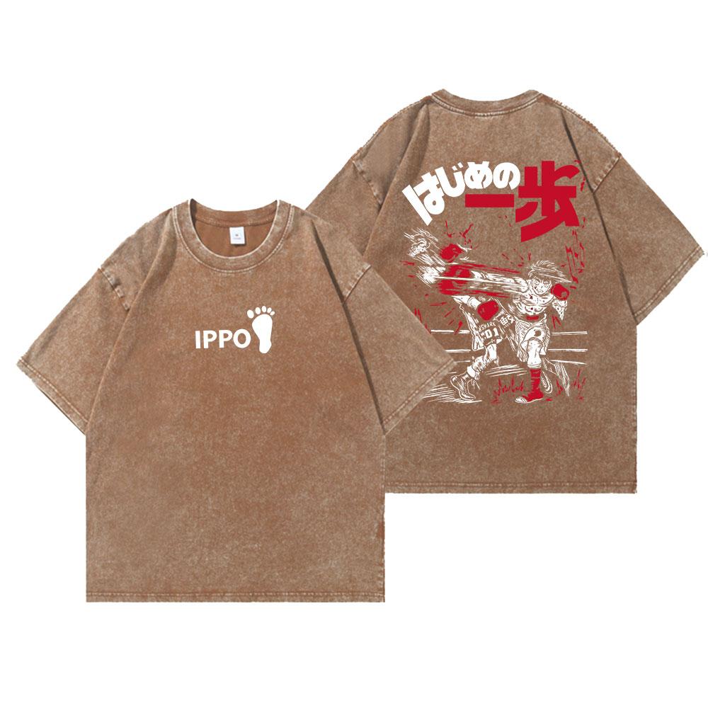 Аниме Футболки Hajime No Ippo Мужские Футболка с винтажной стиркой Харадзюку Оверсайз Хлопковая футболка Хлопковая Мода Уличная одежда Унисекс Топ
