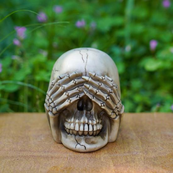 Halloween Skull Figurine See Speak Hear No Evil Resin Skeleton Head Realistic Human Skull Model Statue for Bar Home Table Decor