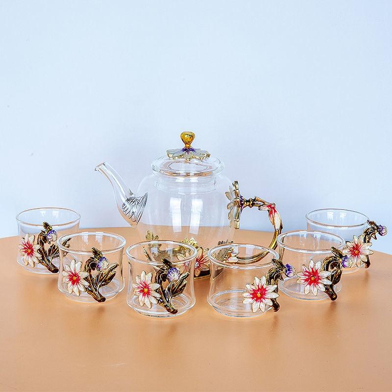 Простая современная утолщенная термостойкая стеклянная маленькая чайная кружка с фильтром, заварочный чайник, чайный набор, включающий 1 горшок и 6 чашек цветочного чайника