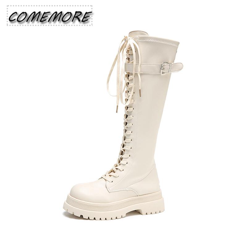 Lace Up Zipper Boots Platform Knee Length Boots Wear-resistant Non-slip Women Boot Winter Female British Wind Thick Bottom