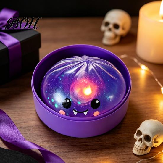 Fun Desk Toys Halloween Glitter Dumpling Squeeze Toy, Spooky Ghost Pumpkin with Steamer, Cute Calm Down Slow Rising Bun Fidget Toy LED Light