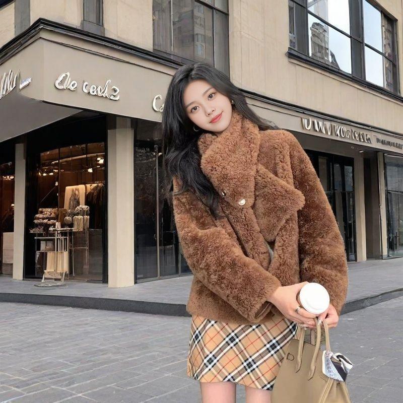 V-образный вырез шерсть зимняя стрижка овец мех интегрированный меховой верх шуба женская