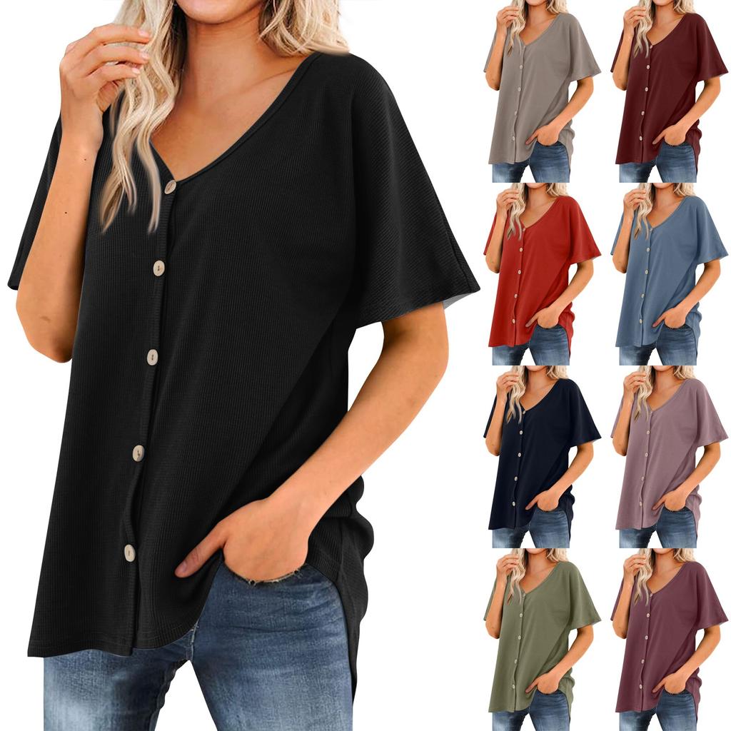 Women's T Shirt Tee Solid Color Women's Shirts V Neck Short Sleeve Button Up Tunic Tops Blouse