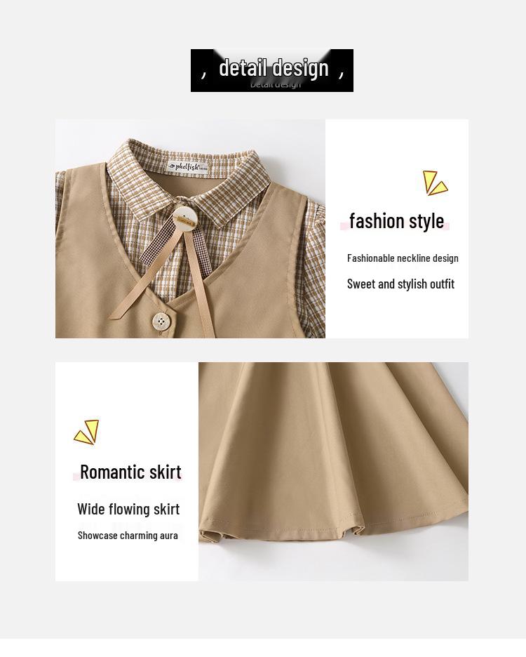 Платье для девочек «Гусиная лапка», имитация двойки - 2025 Осень, студенческий стиль для детей