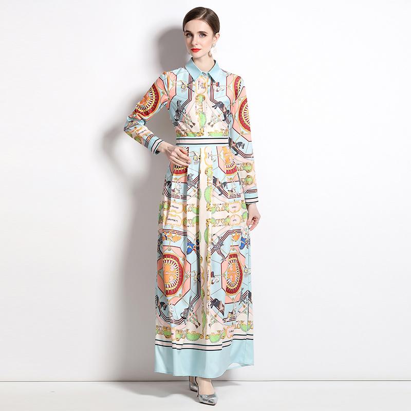 Весенне-осеннее брендовое дизайнерское платье для подиума с принтом, женские однобортные платья макси с воротником с лацканами и длинными рукавами до щиколотки