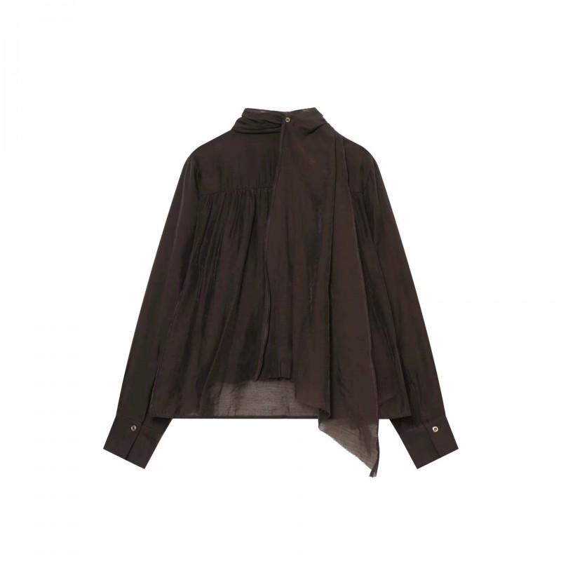 Womens French Hepburn Style Solid Color Scarf Collar Shirt Long Sleeve Casual Top